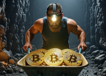 Un obrero cargando una carretilla llena de monedas de Bitcoin dentro de una cueva minera.