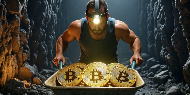 Un obrero cargando una carretilla llena de monedas de Bitcoin dentro de una cueva minera.