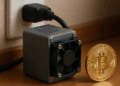 un equipo para minería de bitcoin sobre una mesa al lado de una moneda de BTC.
