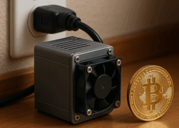 un equipo para minería de bitcoin sobre una mesa al lado de una moneda de BTC.