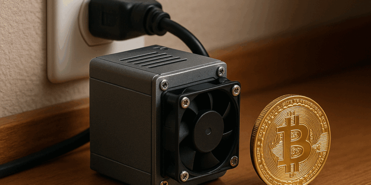 un equipo para minería de bitcoin sobre una mesa al lado de una moneda de BTC.