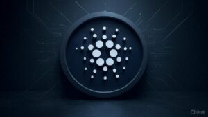 Un token ADA de color negro y blanco, sobre un fondo de estilo tecnolรณgico oscuro.