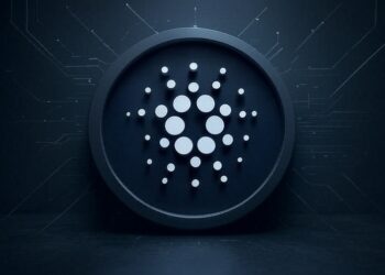 Un token ADA de color negro y blanco, sobre un fondo de estilo tecnológico oscuro.