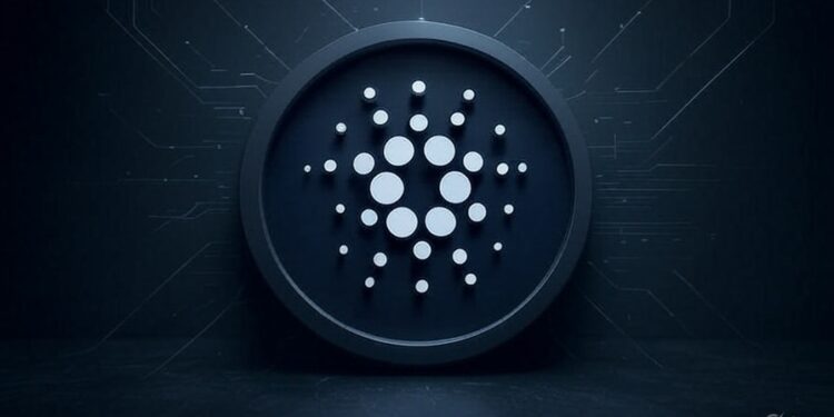 Un token ADA de color negro y blanco, sobre un fondo de estilo tecnológico oscuro.