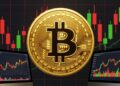 Una moneda grande y dorada de Bitcoin en el centro de la imagen. Detrรกs un grafico de velas rojas y verdes, junto con pantallas de trading.
