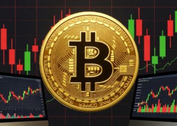 Una moneda grande y dorada de Bitcoin en el centro de la imagen. Detrás un grafico de velas rojas y verdes, junto con pantallas de trading.