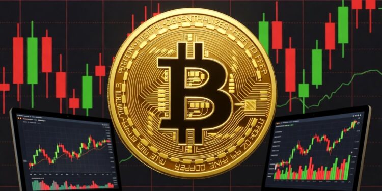 Una moneda grande y dorada de Bitcoin en el centro de la imagen. Detrás un grafico de velas rojas y verdes, junto con pantallas de trading.