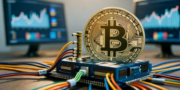 Una moneda dorada de Bitcoin incrustada en un chip de computadora azul con cables de distintos colores sobre un escritorio de madera. De fondo, computadoras con datos financieros.