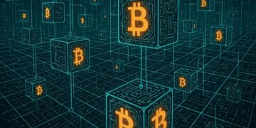 Nodos de bitcoin en un espacio tridimensional computarizado, estilo cypherpunk.