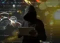 Usuario desconocido con gabardina negra utilizando una laptop.