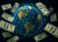 Un planeta tierra envuelto por una red financiera graficada por líneas azules y amarillas. alrededor billetes de dólares.