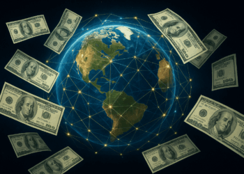 Un planeta tierra envuelto por una red financiera graficada por líneas azules y amarillas. alrededor billetes de dólares.