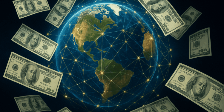 Un planeta tierra envuelto por una red financiera graficada por líneas azules y amarillas. alrededor billetes de dólares.