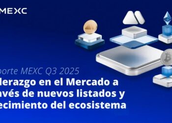 Plataformas flotantes con logo de MEXC, moneda de bitcoin física y logo de ETH y en fondo azul.