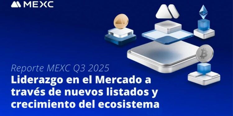 Plataformas flotantes con logo de MEXC, moneda de bitcoin física y logo de ETH y en fondo azul.