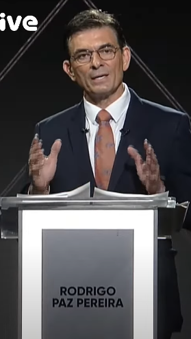 The elected president of Bolivia Rodrigo Paz Pereira during a debate prior to his country's presidential elections.