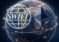 Grok: genera una imagen del logo SWIFT y Ethereum posados sobre una representación del planeta tierra envuelto en lineas y puntos simulando una red global. Usa un estilo futurista. El formato debe ser 16:9.