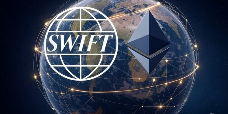 Grok: genera una imagen del logo SWIFT y Ethereum posados sobre una representación del planeta tierra envuelto en lineas y puntos simulando una red global. Usa un estilo futurista. El formato debe ser 16:9.