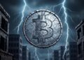 Una moneda de Bitcoin en una ciudad en ruinas, de noche y con truenos.