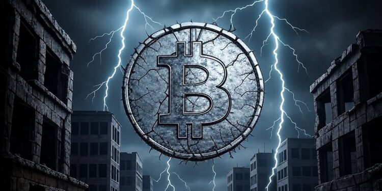 Una moneda de Bitcoin en una ciudad en ruinas, de noche y con truenos.