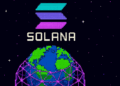 El logo de Solana en el espacio nocturno con el mundo envuelto en una red de mallas.