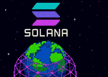 El logo de Solana en el espacio nocturno con el mundo envuelto en una red de mallas.