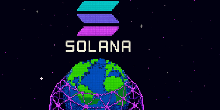 El logo de Solana en el espacio nocturno con el mundo envuelto en una red de mallas.