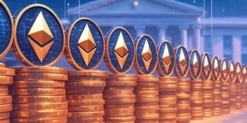 Columnas de monedas de Ethereum de color dorado y azul. De fondo un edificio simulando un banco.