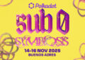 Banner promocional del evento Sub0 SYMBIOSIS, los colores del texto son rojo y el fondo amarillo