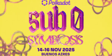 Banner promocional del evento Sub0 SYMBIOSIS, los colores del texto son rojo y el fondo amarillo