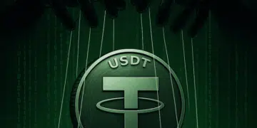 Logo de USDT impreso en una moneda física, en un fondo de color verde oscuro.