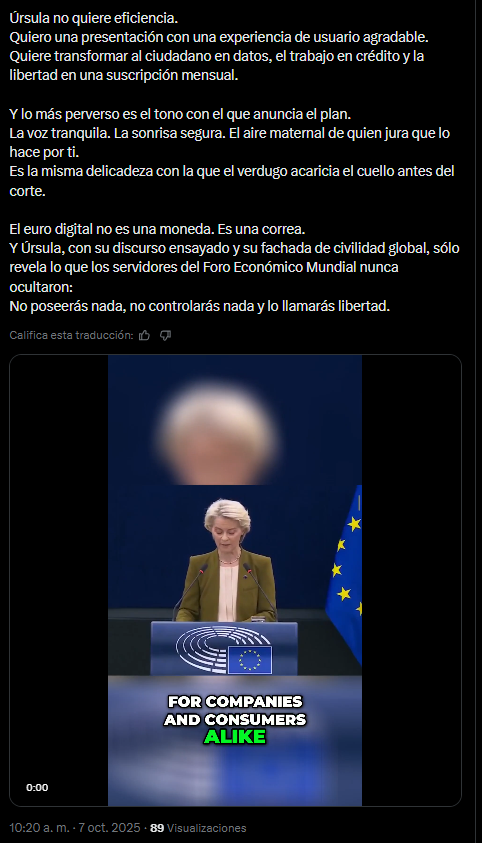 Un mensaje de X con la imagen de la presidenta de la Comisión Europea Úrsula Von der Leyen.