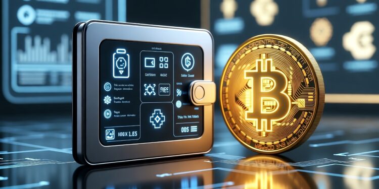 Una moneda de Bitcoin junto a una wallet digital, ambientada en un laboratorio tecnológico.