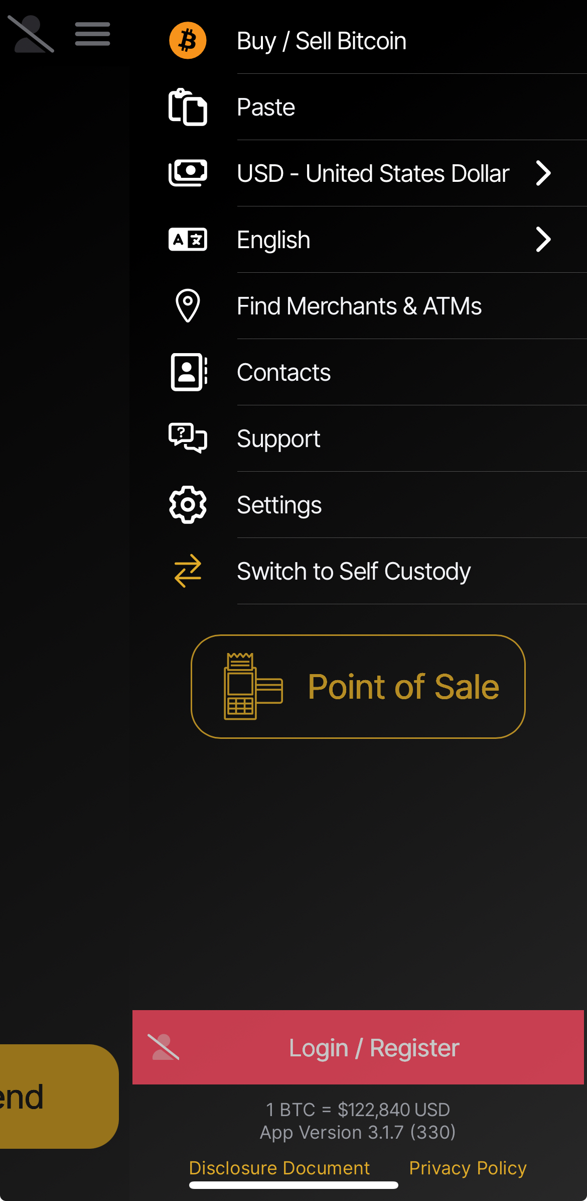 Un menú de opciones escrito en blanco y amarillo en una pantalla negra de una wallet de Bitcoin.