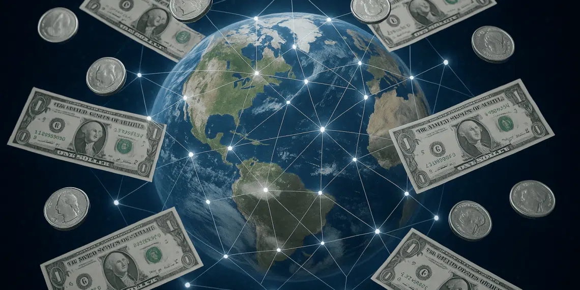 Globo terraqueo rodeado de dolares, simbolizando transferencias internacionales de dinero.