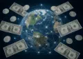 Globo terraqueo rodeado de dolares, simbolizando transferencias internacionales de dinero.