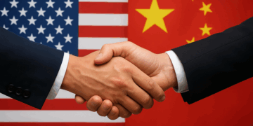 Imagen realista horizontal que muestra un apretón de manos en primer plano, simbolizando cooperación y diplomacia. En el fondo aparecen las banderas de Estados Unidos y China, representando un encuentro bilateral o acuerdo internacional entre ambas potencias.