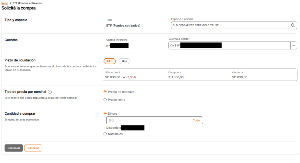 Pantalla en la que se ven los últimos detalles a confirmar antes de comprar el ETF.