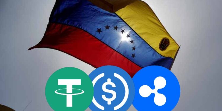 Bandera de Venezuela con los logos de las stablecoins USDT, USDC y RLUSD.