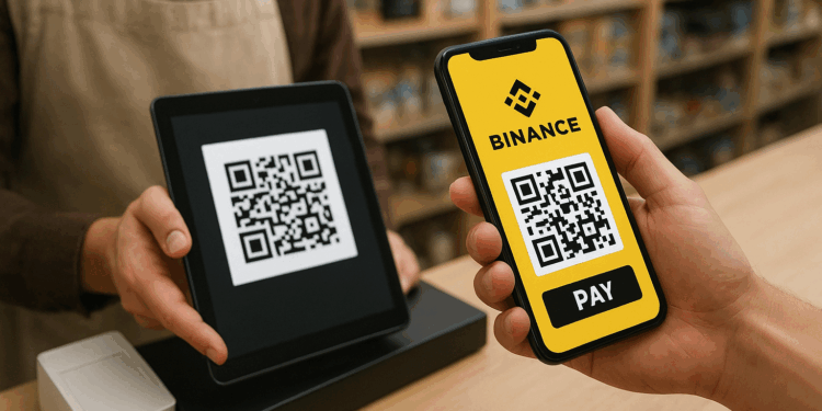 Una persona se encuentra en una tienda realizando un pago con su teléfono móvil. En la pantalla del celular se ve claramente el logotipo amarillo de Binance y un código QR con el botón “PAY” debajo. Frente a ella, un empleado sostiene una tableta negra que muestra otro código QR para recibir el pago. Ambos están en un mostrador de madera, con estantes llenos de productos desenfocados al fondo. La iluminación es cálida y natural, dando un ambiente acogedor y cotidiano, típico de una tienda moderna.