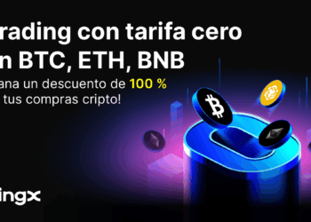 Monedas de BTC, ETH, BNB y USDT cayendo en una alcancía azul, en fondo morado y negro, con logo de BingX a la izquierda.