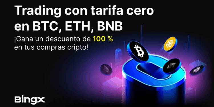 Monedas de BTC, ETH, BNB y USDT cayendo en una alcancรญa azul, en fondo morado y negro, con logo de BingX a la izquierda.
