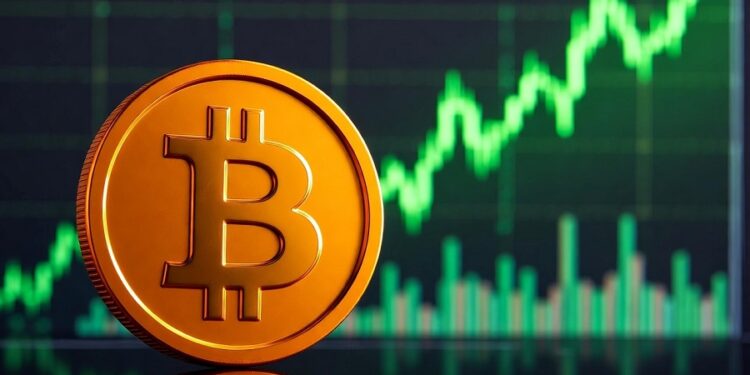 Moneda de bitcoin dorada en primer plano y, en el fondo, un grรกfico genรฉrico de precio alcista, en verde, subiendo.