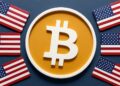 logo de bitcoin con banderas nacionales de EE. UU. sobre un fondo azul