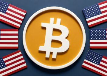logo de bitcoin con banderas nacionales de EE. UU. sobre un fondo azul