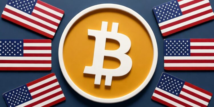 logo de bitcoin con banderas nacionales de EE. UU. sobre un fondo azul