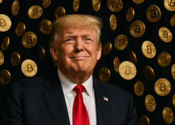 El presidente de Estados Unidos, Donald Trump, sonriendo en medio de una "lluvia de bitcoin".