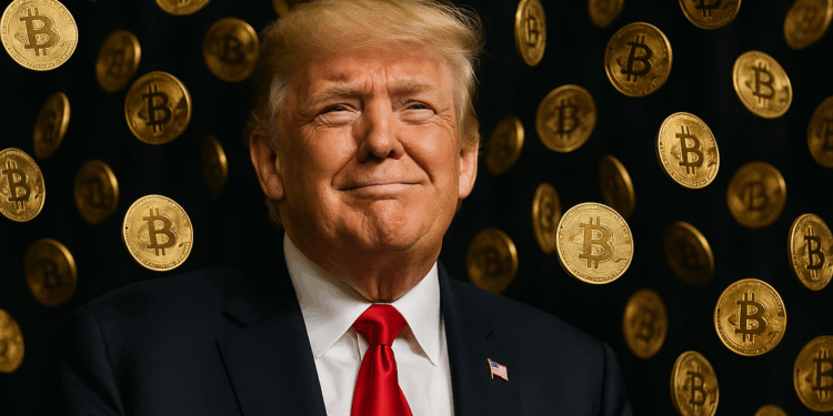 El presidente de Estados Unidos, Donald Trump, sonriendo en medio de una "lluvia de bitcoin".