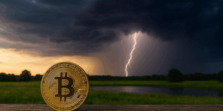 Moneda de Bitcoin en primer plano sobre una superficie de madera, brillando con tonos dorados. El entorno se muestra tranquilo, con un campo verde y un lago detrás. Al fondo, una tormenta comienza a formarse con nubes oscuras y un rayo iluminando el cielo.