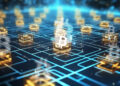 logo de bitcoin en bloques de transacciones comprimidos.